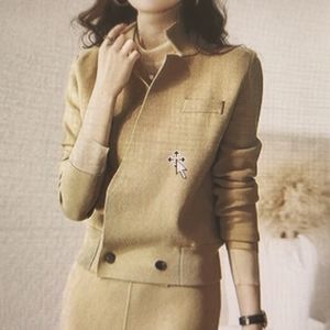 Stylewe Urban Reg Fit Loose Plain Stand Collar Cardigan and Skirt Set in Khaki